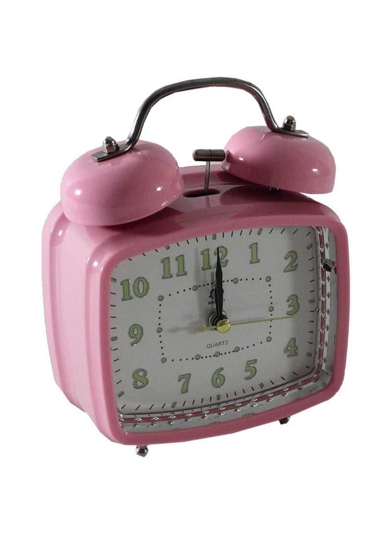 Alarm clock with 2 complete azan bells and a hammer bell, pink color, square shape with a light button to see the time in the dark, made of metal, size 18 x 13 cm