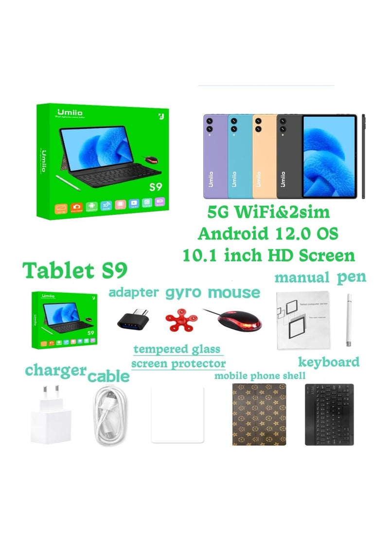 Umiio - Smart Tablet PC with Keyboard and Mouse 10.1-inch HD Screen 8GB RAM 256GB ROM Front and Rear Camera WiFi and Dual SIM Network Android Tab with Leather Cover-Gold - Image 1