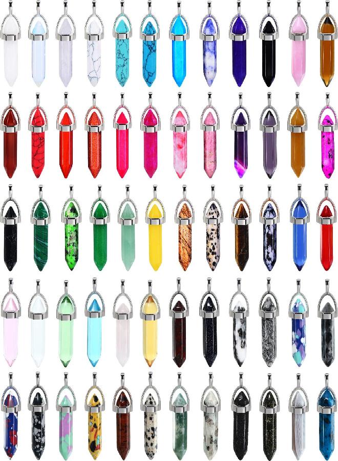 EBOOT 60 Pieces Hexagonal Chakra Pendant Bullet Crystal Pendant Gemstone Pointed Quartz Stone Pendants with Storage Bag (60 Colors) - Image 1