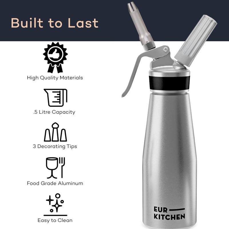 EurKitchen Professional Aluminum Whipped Cream Dispenser - Leak-Free Whip Cream Maker Canister with 3 Decorating Nozzles & Cleaning Brush - 1-Pint / 500 mL Cream Whipper - N2O Chargers (Not Included) - Image 4
