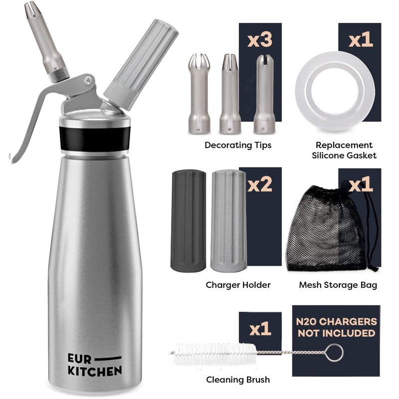 EurKitchen Professional Aluminum Whipped Cream Dispenser - Leak-Free Whip Cream Maker Canister with 3 Decorating Nozzles & Cleaning Brush - 1-Pint / 500 mL Cream Whipper - N2O Chargers (Not Included) - Image 2