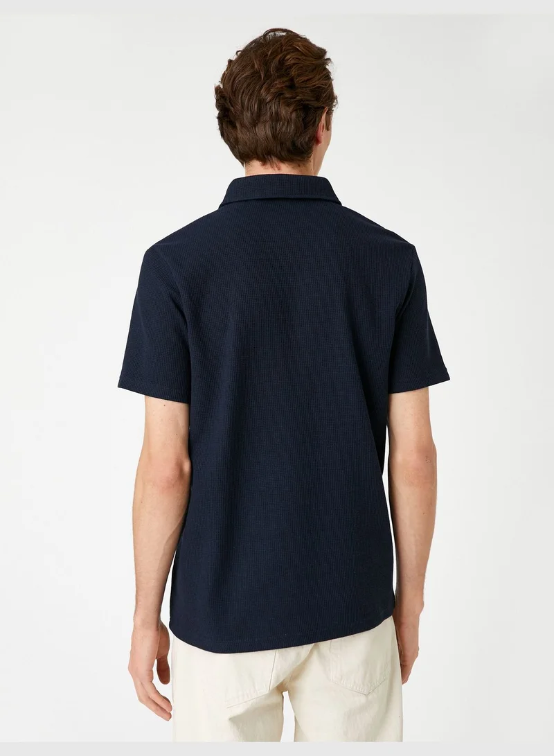 KOTON Varsity T-Shirt Polo Neck Button Detailed Embroidered