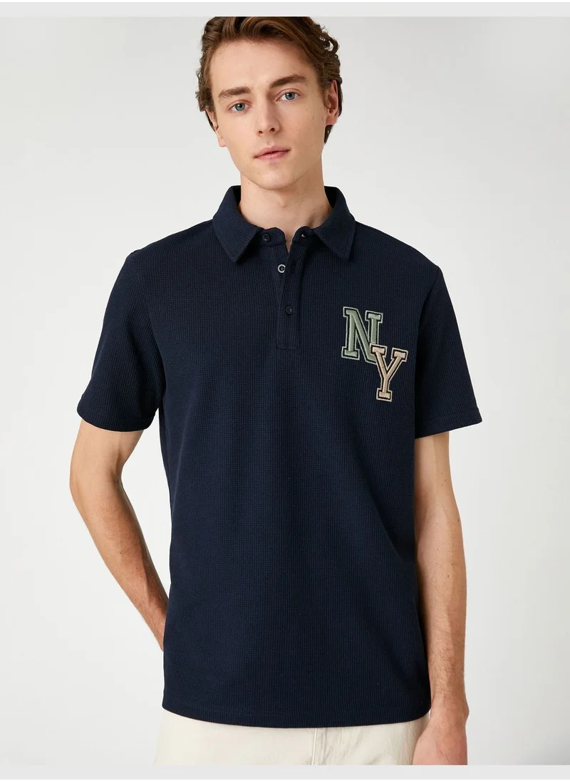 كوتون Varsity T-Shirt Polo Neck Button Detailed Embroidered