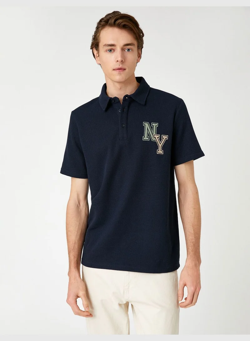 KOTON Varsity T-Shirt Polo Neck Button Detailed Embroidered
