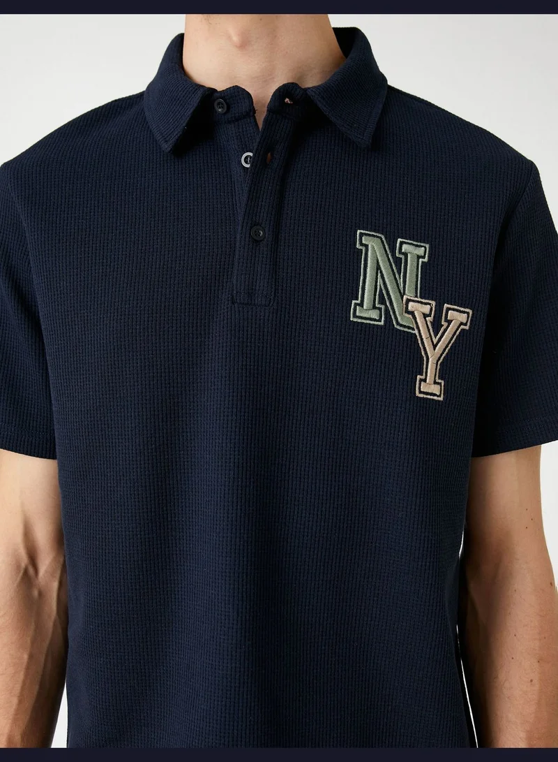 KOTON Varsity T-Shirt Polo Neck Button Detailed Embroidered
