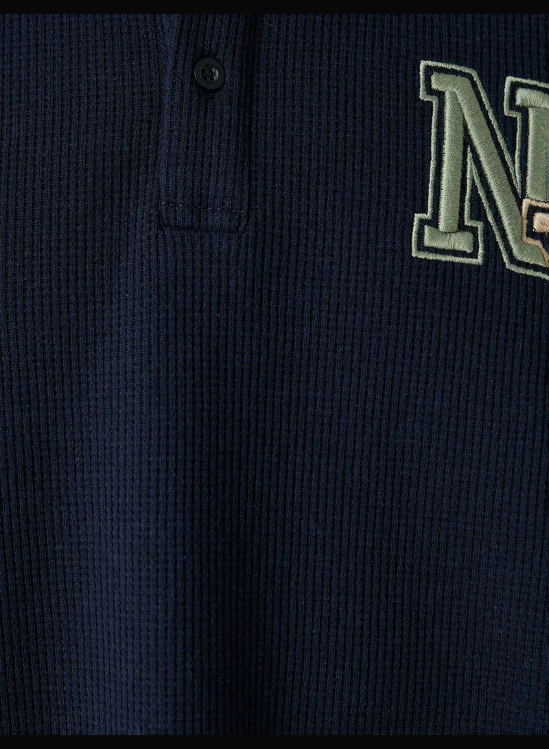KOTON Varsity T-Shirt Polo Neck Button Detailed Embroidered
