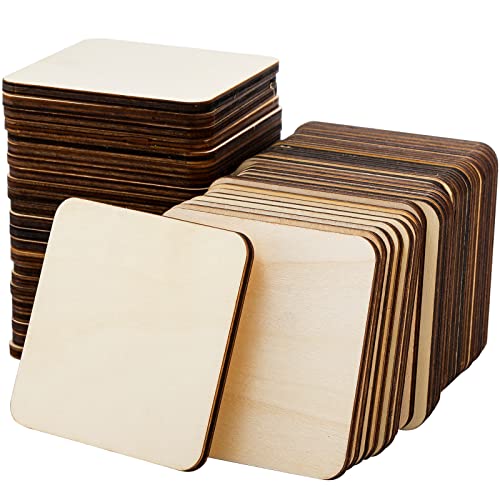 ZEAYEA 50 Pcs Unfinished Wood Squares Pieces, 4 x 4 Inch Thick Wood Coasters, Wooden Tiles for Coasters, Blank Wood Slices for Crafts, Painting, Writing, Staining - Image 1