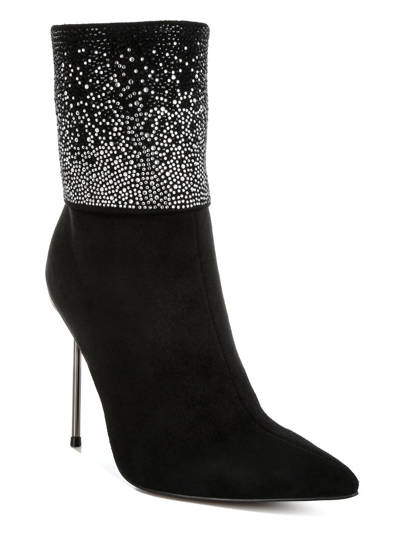 London Rag Rhinestones Embellished Fold Over Boots in Black  - Image 2