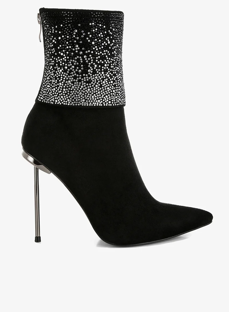 Rhinestones Embellished Fold Over Boots in Black