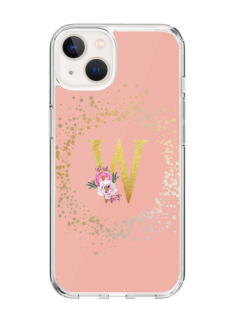 Classic Clear Case For iPhone 14 Plus, Hybrid Soft Case Thin Cover- Custom Monogram Initial Letter Floral Pattern Alphabet - W(Rose Pink)