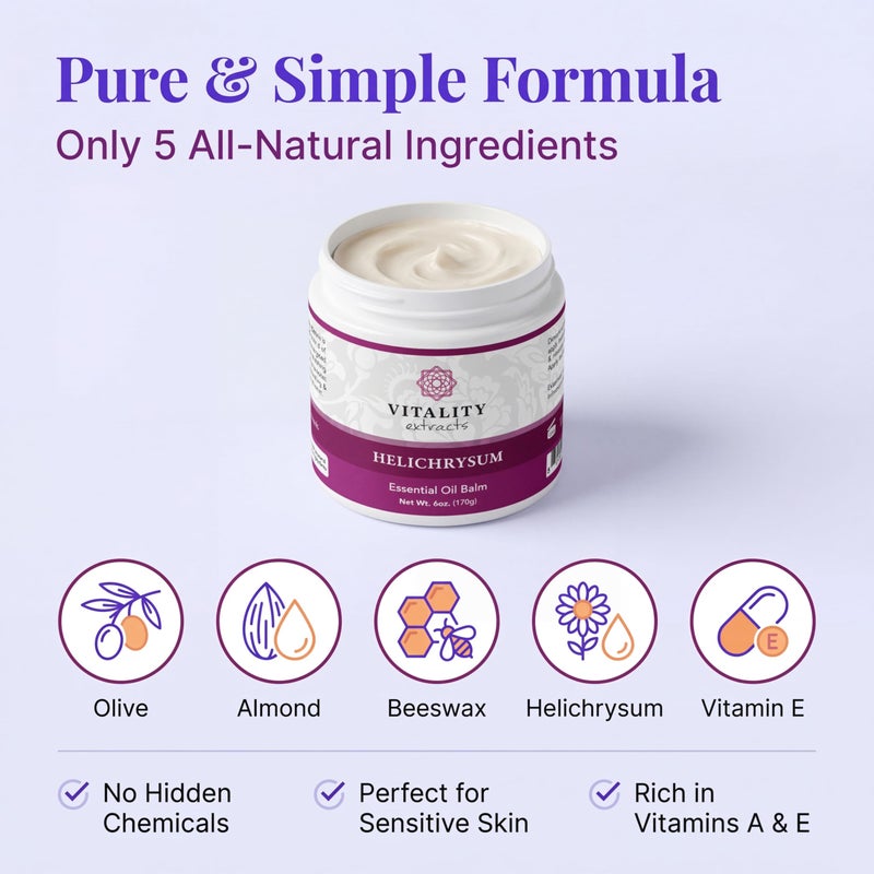 Vitality Extracts Helichrysum Balm - 6oz, Helichrysum Gymnocephalum, Beeswax, Almond Oil, Ultra-Moisturizing, Skin Healing, Full Body Hydration - Image 2