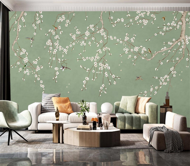 Cliouar-Decor Beautiful Wallpaper Birds and Flower Green Background Peel and Stick 160" x 114" - Image 4
