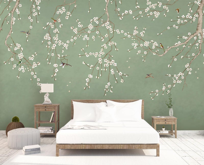 Cliouar-Decor Beautiful Wallpaper Birds and Flower Green Background Peel and Stick 160" x 114" - Image 2