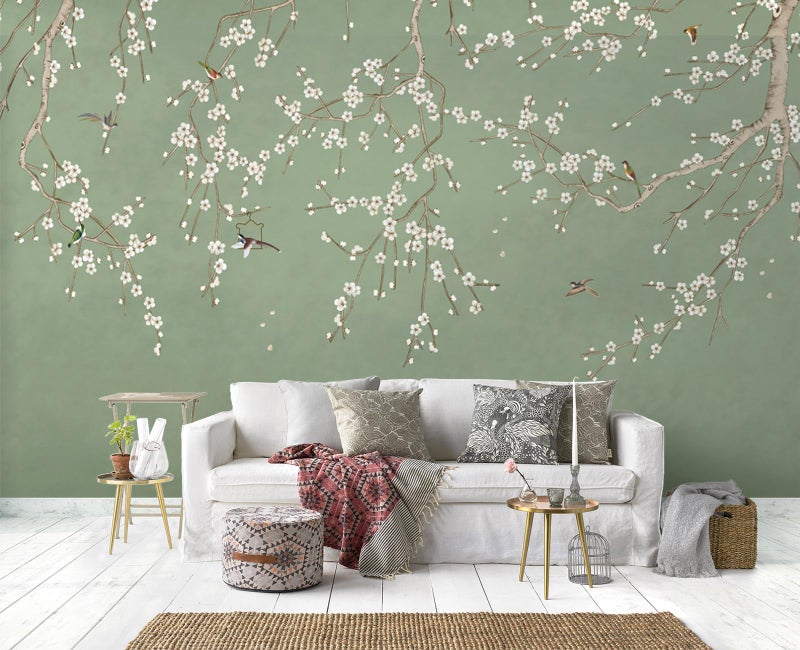 Cliouar-Decor Beautiful Wallpaper Birds and Flower Green Background Peel and Stick 160" x 114" - Image 1
