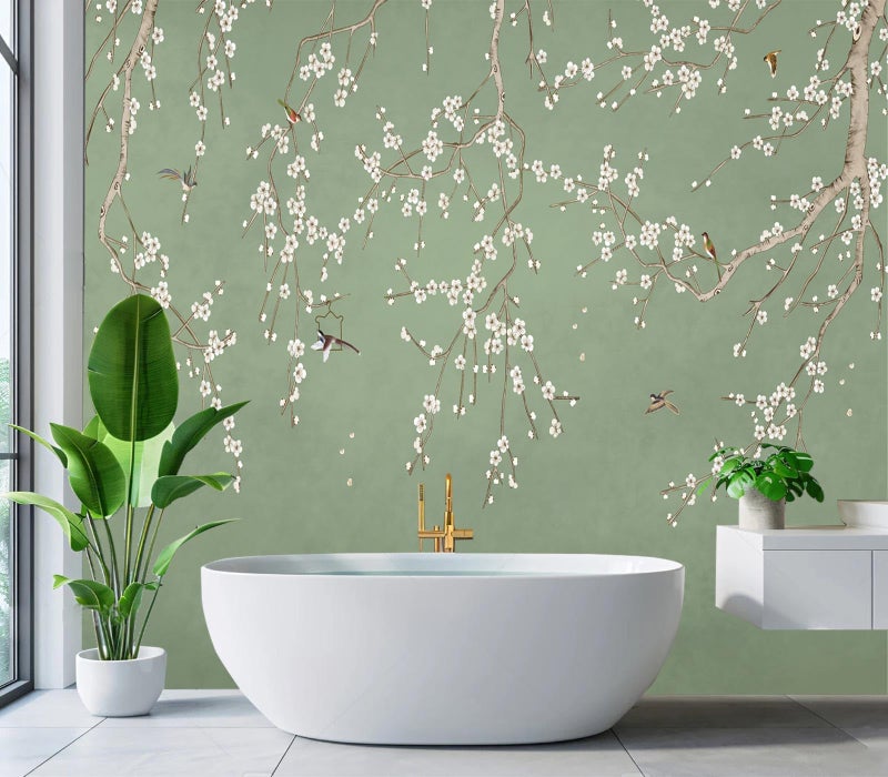 Cliouar-Decor Beautiful Wallpaper Birds and Flower Green Background Peel and Stick 160" x 114" - Image 3