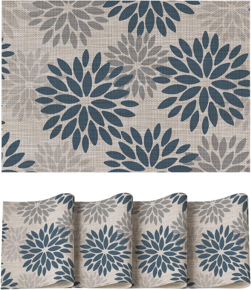 Tazweeq Floral Vinyl Placemats Set of 4, Heat Resistant, Washable, Non-Slip, PVC Place Mats for Party Kitchen Dining Decor (30 * 45 cm, Blue Grey) - Image 1