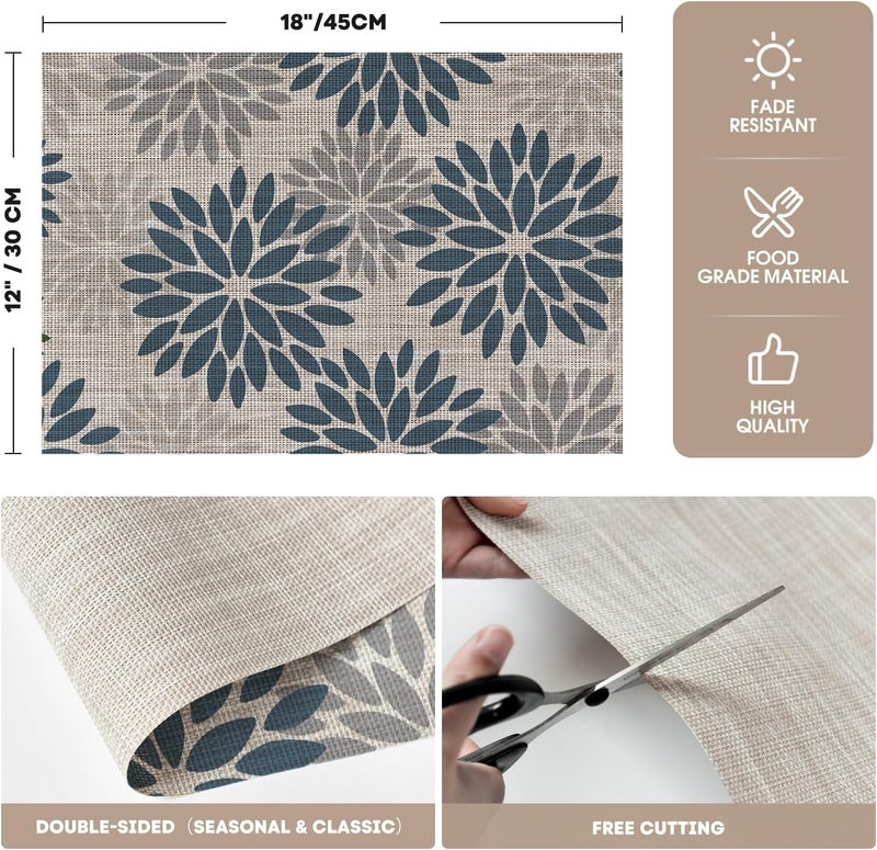 Tazweeq Floral Vinyl Placemats Set of 4, Heat Resistant, Washable, Non-Slip, PVC Place Mats for Party Kitchen Dining Decor (30 * 45 cm, Blue Grey) - Image 2