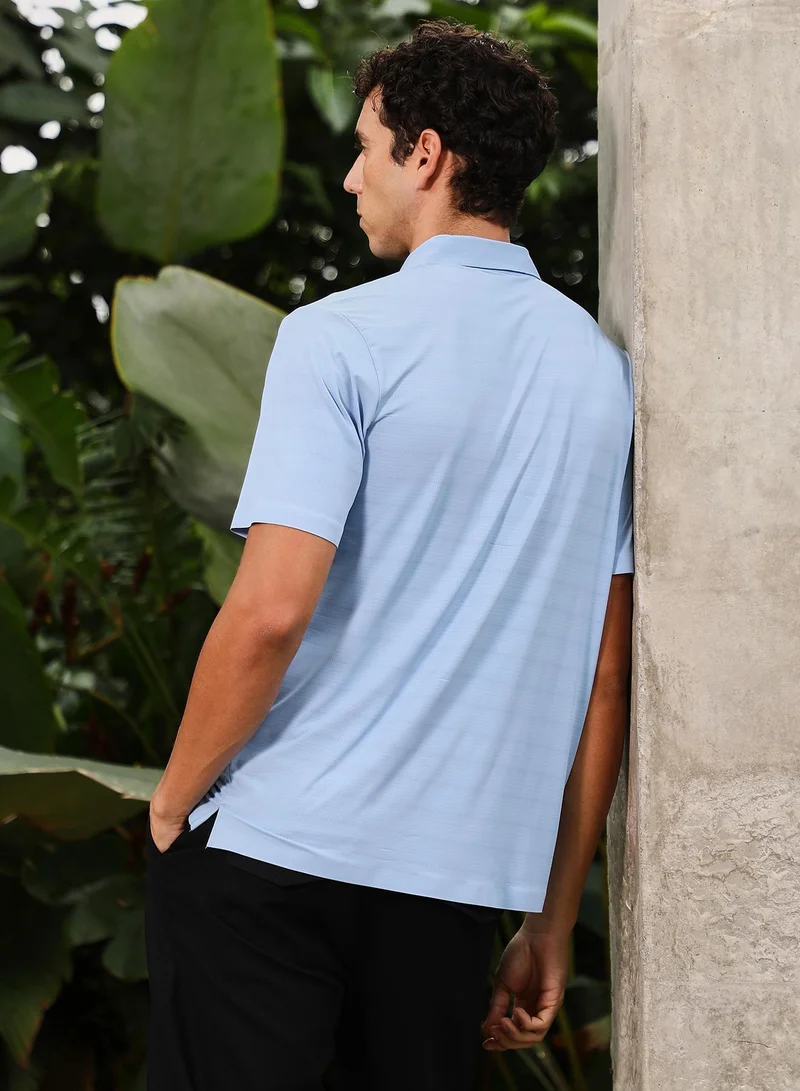 Campus Sutra Men Seamless Gradient-Texture Polo T-Shirt | Point Collar, Short Regular Sleeves | Half-Button , Straight Hem | Solid Textured | Knitted Fabric For Casual & Daily Wear | Misty Blue