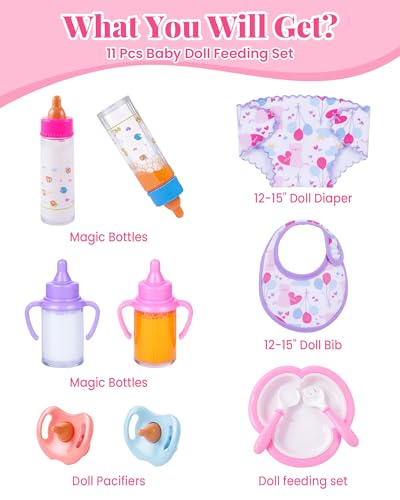 BABESIDE 11 Pcs Baby Doll Accessories Set Baby Doll Bottles Diapers Pacifiers Bib Plate Baby Doll Stuff Toys for Little Girls - Image 5