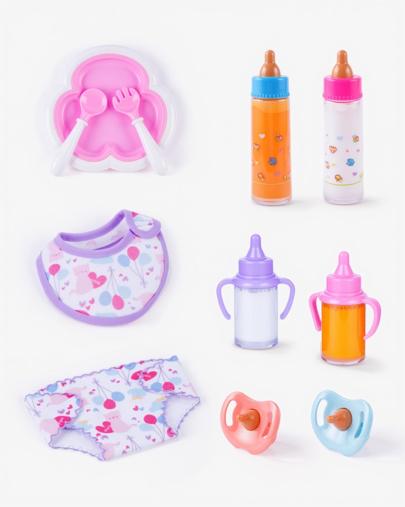 BABESIDE 11 Pcs Baby Doll Accessories Set Baby Doll Bottles Diapers Pacifiers Bib Plate Baby Doll Stuff Toys for Little Girls - Image 3