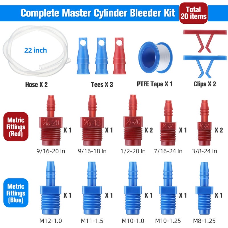 Enhon Master Cylinder Bleeder Kit Replacement for 13911, 22 In Clear Hose, Clip, SAE and Metric Fittings Universal Fit, Complete Brake Bleeder Kit with PTFE Tape - Image 2