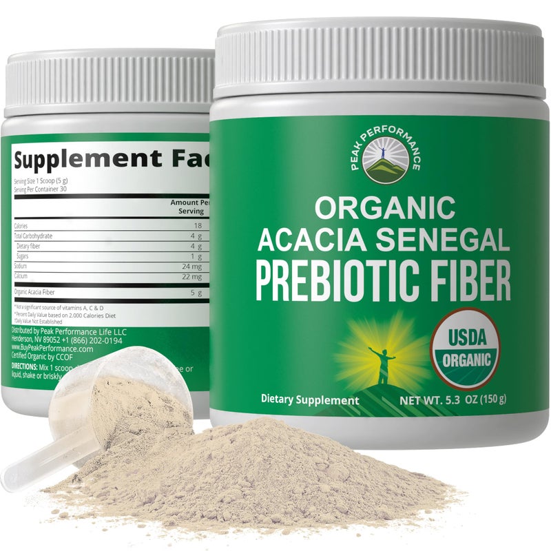 Peak Performance Organic Acacia Senegal Prebiotic Fiber Powder Unflavored USDA Organic Plant Based Soluble Vegan Prebiotics Gut Health Supplement With Digestive Enzymes HSA FSA Eligible Vitamins Only List Approved