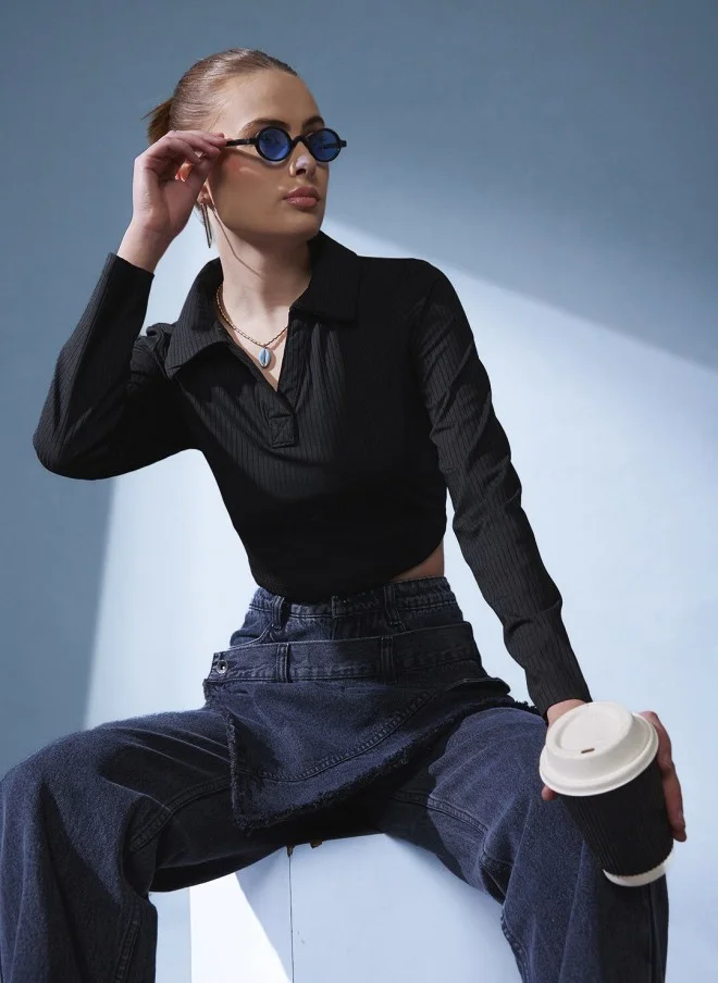 STREET 9 BASICS Black Ribbed Crop T-Shirt for Women