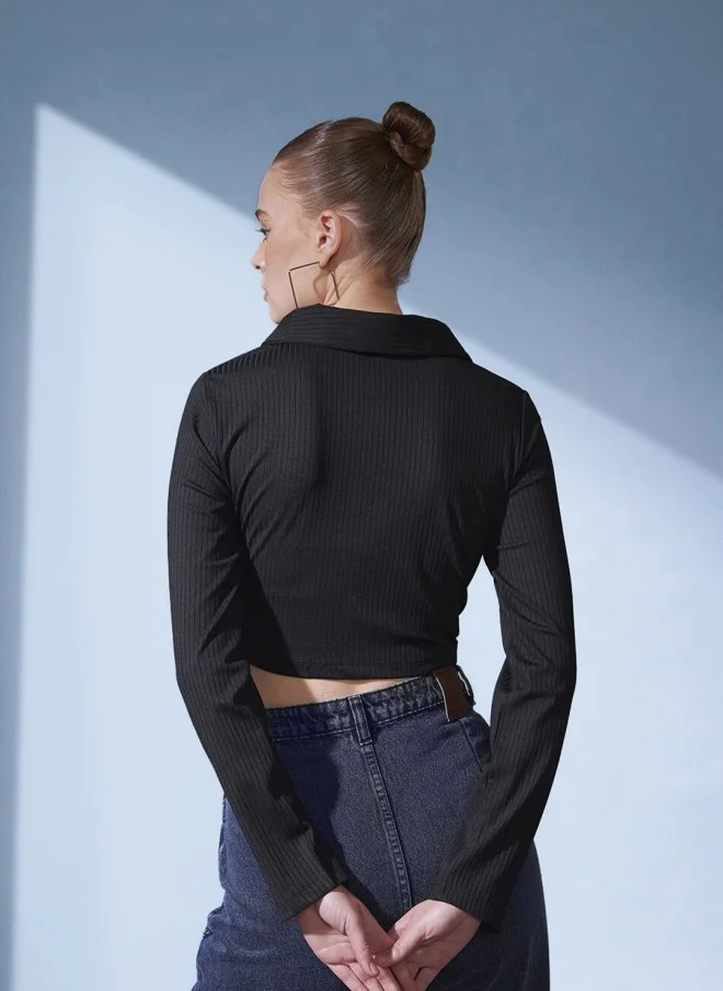 STREET 9 BASICS Black Ribbed Crop T-Shirt for Women