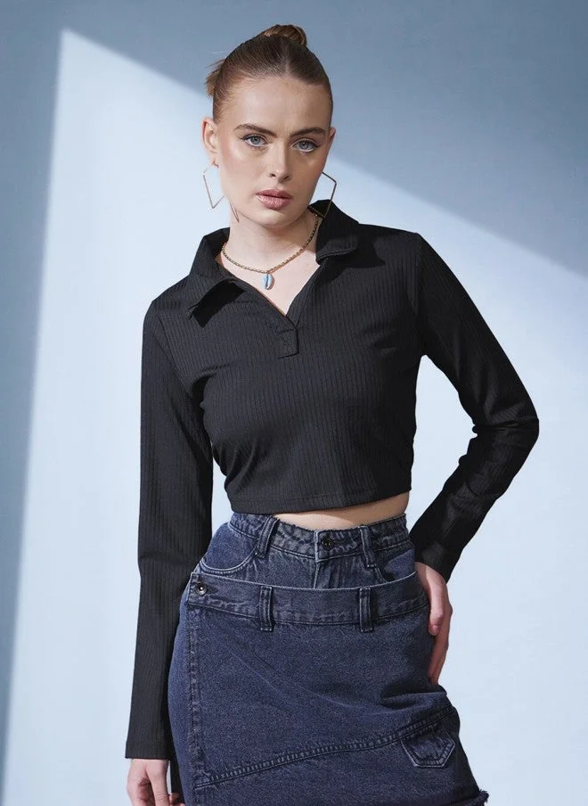 STREET 9 BASICS تيشيرت قصير نسائي مضلع أسود