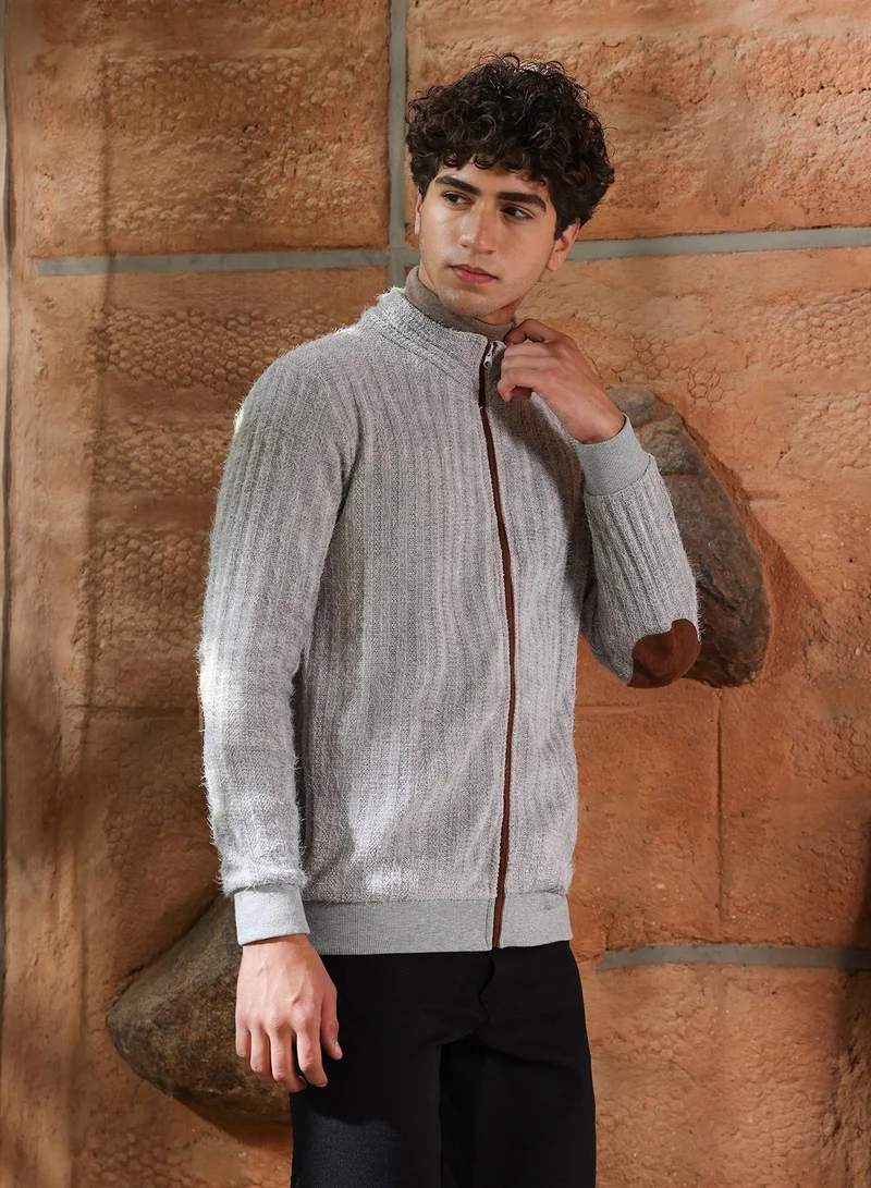 Campus Sutra Campus Sutra Men's Coin Grey Zip-Front Tactile Fur-Knit Sweater | Stand Collar , Ribbed Cuff Sleeves , Zipper Closure , Ribbed-Straight Hem | Solid Fur For Casual & Daily Wear