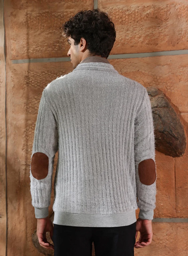 Campus Sutra Campus Sutra Men's Coin Grey Zip-Front Tactile Fur-Knit Sweater | Stand Collar , Ribbed Cuff Sleeves , Zipper Closure , Ribbed-Straight Hem | Solid Fur For Casual & Daily Wear