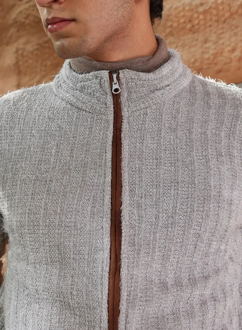 Campus Sutra Campus Sutra Men's Coin Grey Zip-Front Tactile Fur-Knit Sweater | Stand Collar , Ribbed Cuff Sleeves , Zipper Closure , Ribbed-Straight Hem | Solid Fur For Casual & Daily Wear