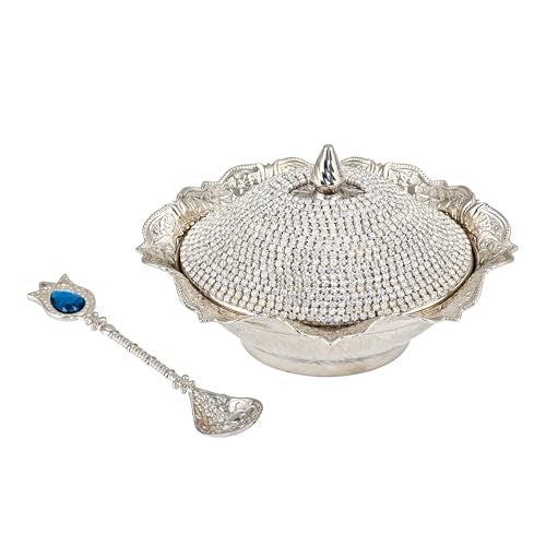 CopperBull CopperBull Crystal Coated Handmade Brass Sugar Chocolate Candy Bowl Serving Dish with Lid & Spoon (Silver)  - Image 2
