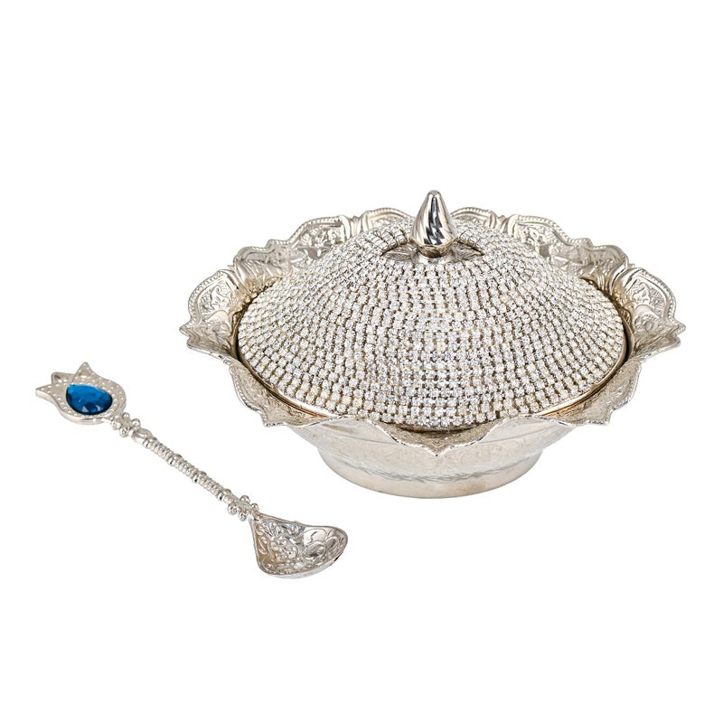 CopperBull CopperBull Crystal Coated Handmade Brass Sugar Chocolate Candy Bowl Serving Dish with Lid & Spoon (Silver)  - Image 1
