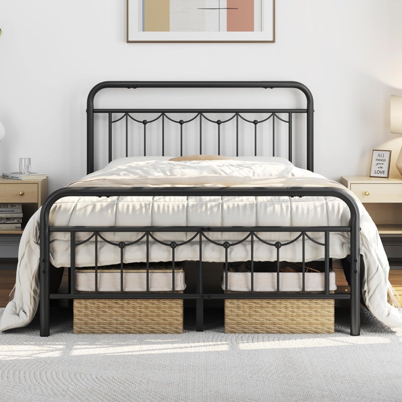 Yaheetech Full Size Metal Bed Frames with Vintage Headboard and Footboard Farmhouse Metal Platform Bed Heavy Duty Steel Slat Support Ample UnderBed Storage No Box Spring Needed Black