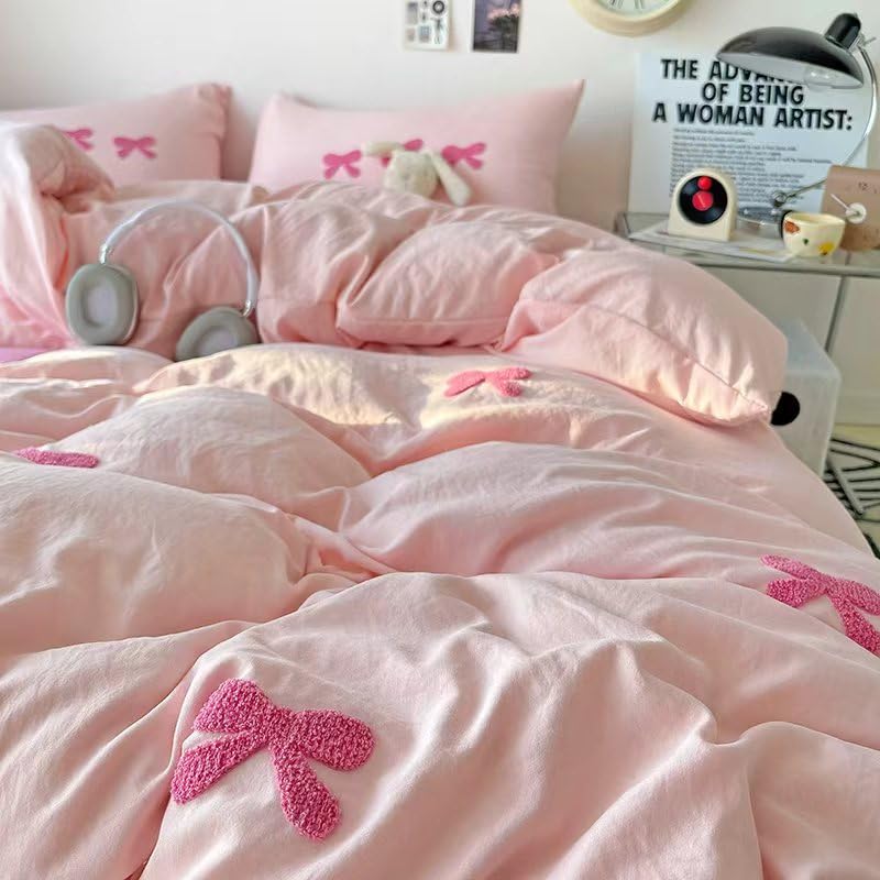 Tailor Shop Twin Comforter Set for Girls 5 Pieces Tufted Chenille Bowknot Embroidery Comforter Pink Bedding Twin Girls Comforter - Image 1