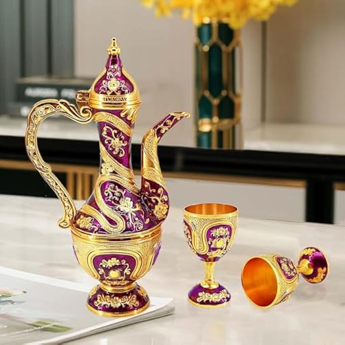 ريحني طقم شاي تركي أكواب قهوة تركية قديمة مع إبريق وستة أكواب، كؤوس شاي تركية لديكور المنزل، عيد ميلاد، عيد الميلاد، حفل تدشين منزل، زفاف بنفسجي ذهبي - Image 5