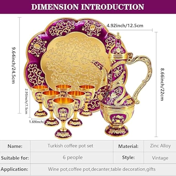 ريحني طقم شاي تركي أكواب قهوة تركية قديمة مع إبريق وستة أكواب، كؤوس شاي تركية لديكور المنزل، عيد ميلاد، عيد الميلاد، حفل تدشين منزل، زفاف بنفسجي ذهبي - Image 2