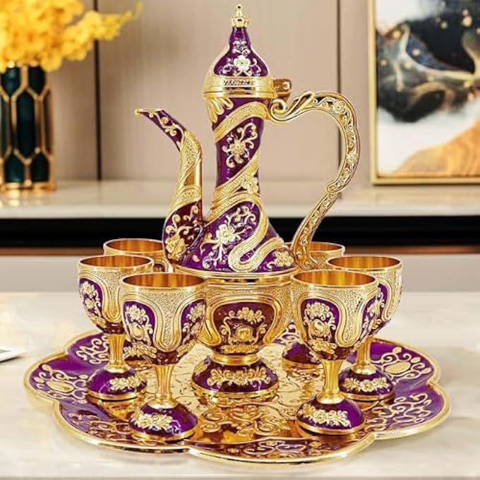 ريحني طقم شاي تركي أكواب قهوة تركية قديمة مع إبريق وستة أكواب، كؤوس شاي تركية لديكور المنزل، عيد ميلاد، عيد الميلاد، حفل تدشين منزل، زفاف بنفسجي ذهبي - Image 4
