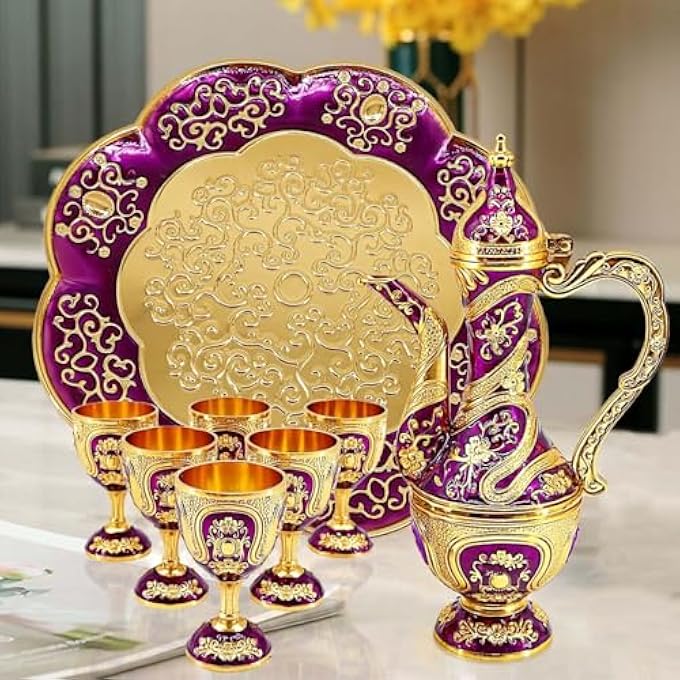 ريحني طقم شاي تركي أكواب قهوة تركية قديمة مع إبريق وستة أكواب، كؤوس شاي تركية لديكور المنزل، عيد ميلاد، عيد الميلاد، حفل تدشين منزل، زفاف بنفسجي ذهبي - Image 3