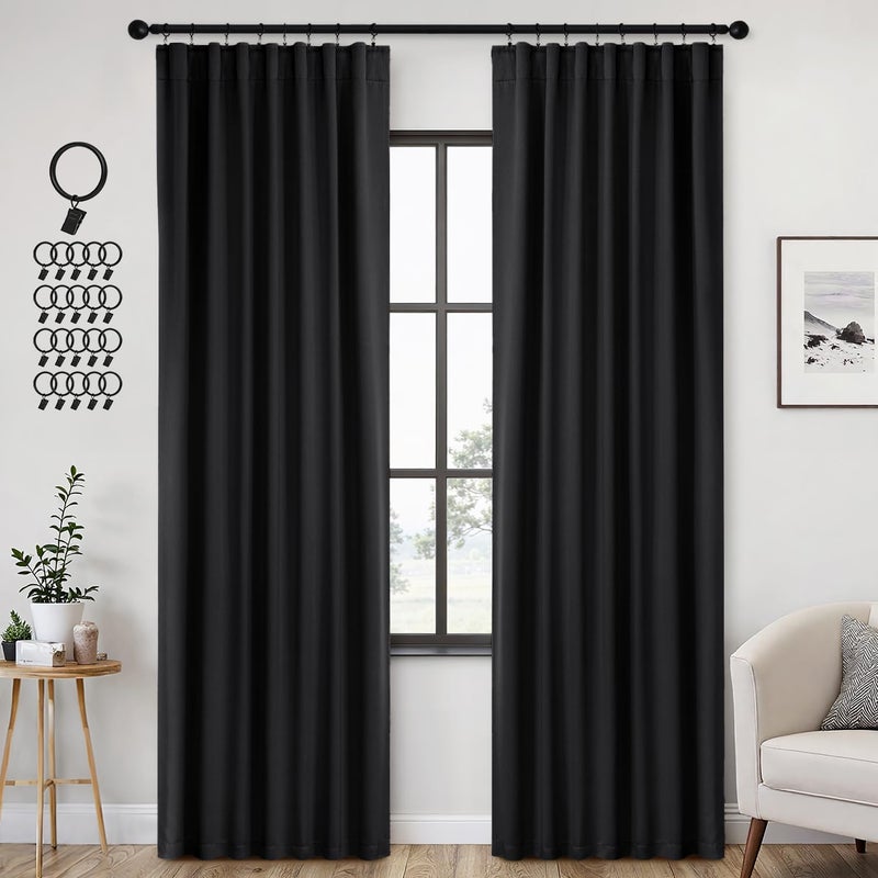 ANRODUO Rod Pocket and Back Tab Pleated Blackout Curtains with Hooks, Rings, Black Curtains 84 Inches Long 2 Panels, Thermal Insulated Room Darkening Living Room Bedroom Curtain, 42x84 Inches - Image 1