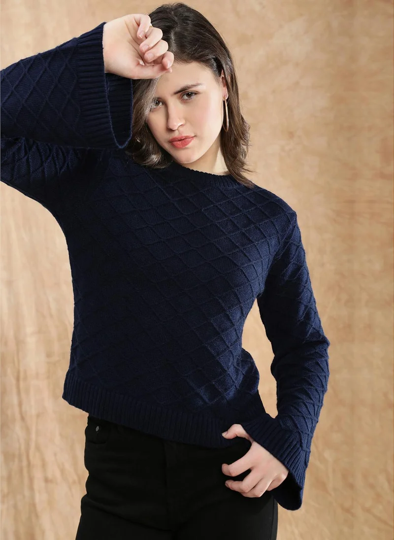 جلو باص Globus Women Blue Round Neck Bell Sleeve Self Design Cable Knitted Ribbed Hem Acrylic Winterwear Pullover Sweater