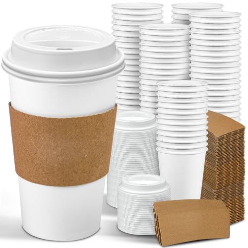 Ginkgo 100 Pack 16 oz Disposable Coffee Cups with Lids and Sleeves Leak-Proof White Paper Cups, Insulated To Go Hot Beverage Cups, Coffee Bar Accessories - Image 1