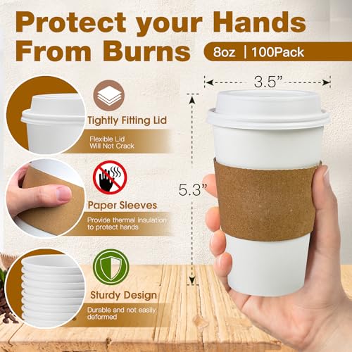 Ginkgo 100 Pack 16 oz Disposable Coffee Cups with Lids and Sleeves Leak-Proof White Paper Cups, Insulated To Go Hot Beverage Cups, Coffee Bar Accessories - Image 2