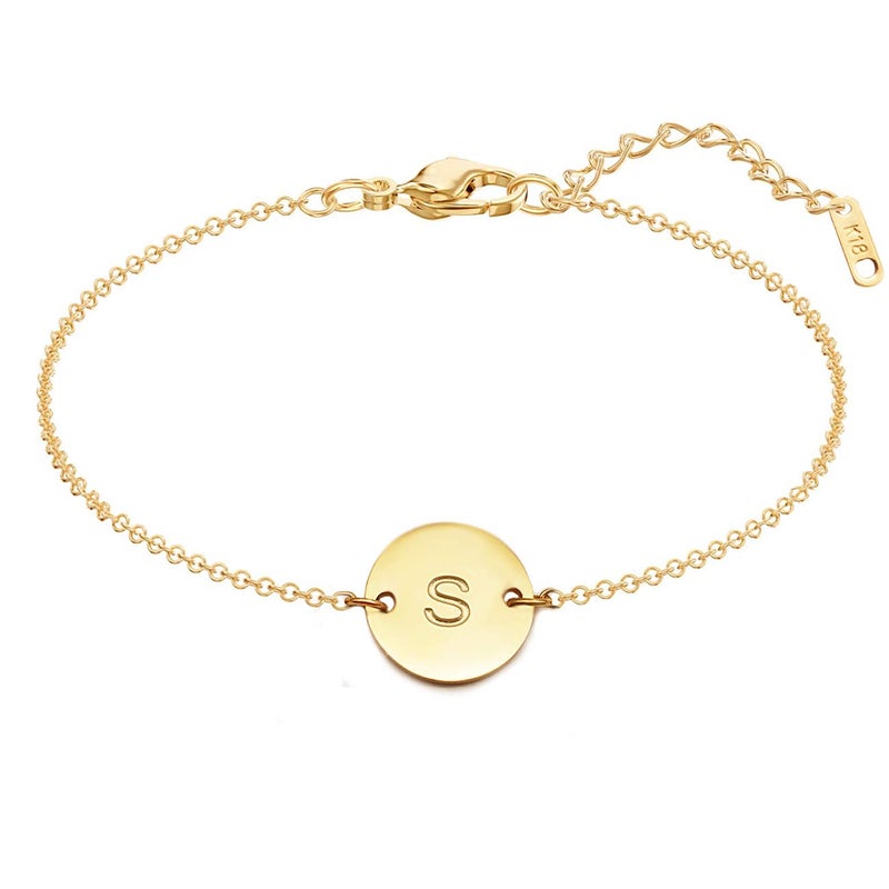 Glimmerst Personalized Initial Bracelet, 18K Gold Plated Stainless Steel Letter S Bracelet Dainty Coin Charm Bracelet Delicate Disc Name Bracelet for Women - Image 3
