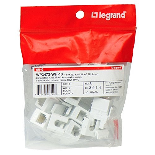 Legrand OnQ Telephone Keystone Jack RJ25 6P6C Insert QuickConnect Universal Keystone Connector for Phone Connections Rear Mount SnapIn Keystone Design White 10 Count WP3473WH10