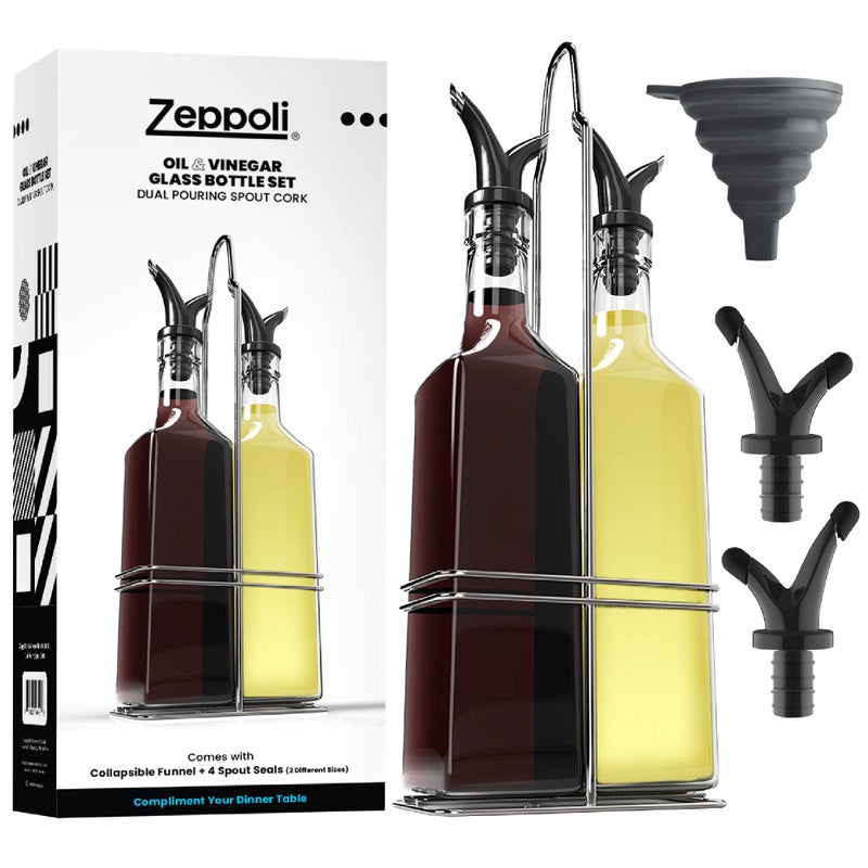 Zeppoli Oil And Vinegar Bottle Set 17Oz - Comes With Stainless Steel Rack  Removable Cork  Funnel  And Spout Caps - Dual Cork Spout - Glass Olive Oil Dispenser Set - Image 1