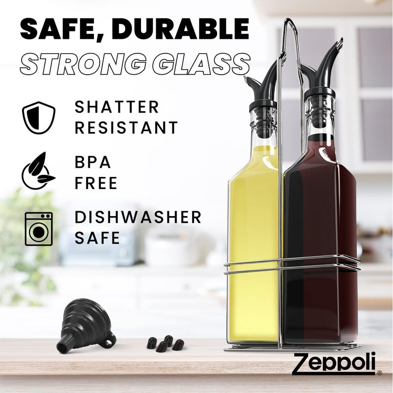 Zeppoli Oil And Vinegar Bottle Set 17Oz - Comes With Stainless Steel Rack  Removable Cork  Funnel  And Spout Caps - Dual Cork Spout - Glass Olive Oil Dispenser Set - Image 3