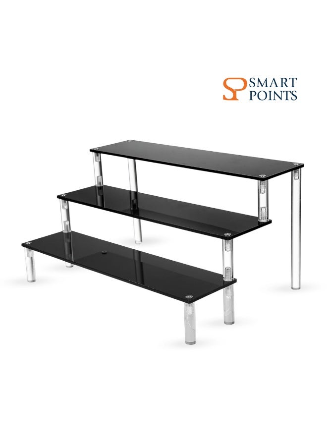 "سمارت بوينتس  " رف عرض من الأكريليك الأسود بـ 3 طبقات – منظم عرض متدرّج للعطور والحلويات والعناية بالبشرة والمجسمات – رف عرض للطاولات في المنزل والمكتب والمتاجر – أكريليك متين ولامع - Image 1