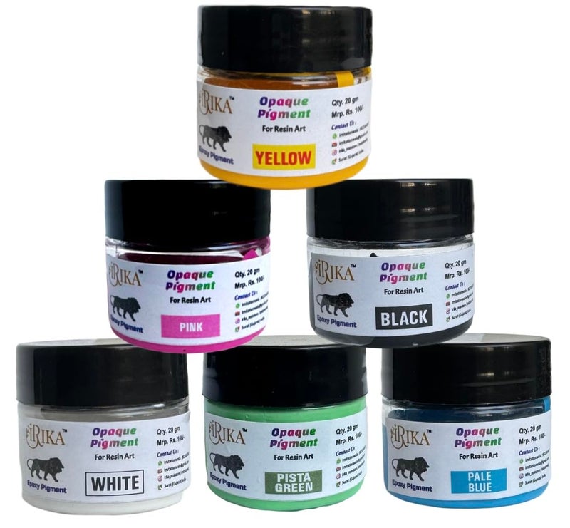 IRIKA Opaque Paste Pigment Resin Art Pigment Set - 6 Colors, 20g Each (Yellow, Pink, Black, White, Pista Green, Pale Blue) - Image 1